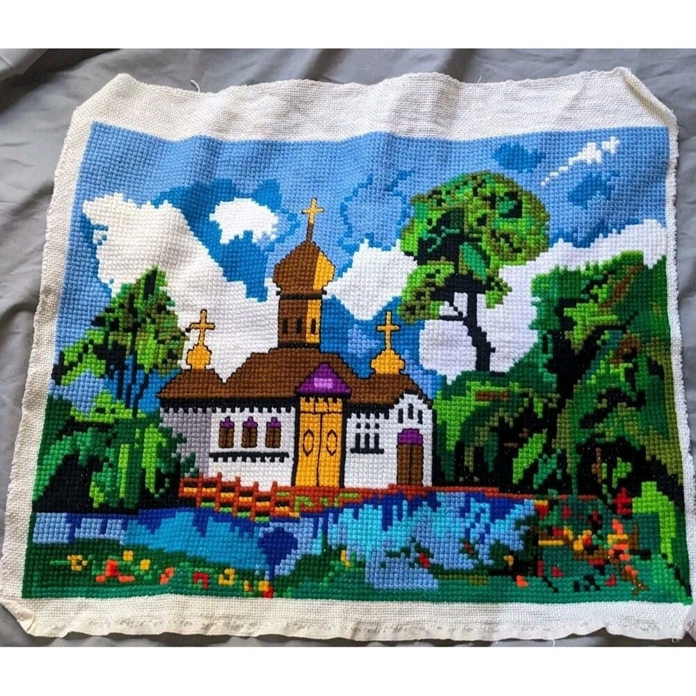 Large Finished Needlepoint Crewel Ukranian Catholic Church Landscape Vintage